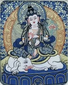 编号118-2401549：蓝金小唐卡-骑象普贤菩萨（长方形·5*4CM左右）