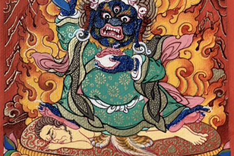 编号118-4427357：彩绘小唐卡-二臂玛哈嘎拉（长方形·5*4CM左右）