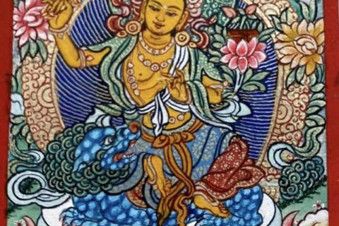 编号118-4456838：彩绘小唐卡-骑狮文殊菩萨（长方形·5*4CM左右）