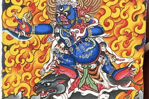 编号118-4936141：彩绘小唐卡-六臂玛哈嘎拉随从神之疯熊大黑天（长方形·5*4CM左右）