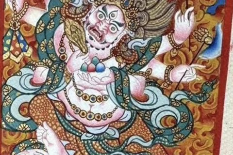 编号118-4999687：彩绘小唐卡-白六臂玛哈嘎拉（长方形·5*4CM左右）