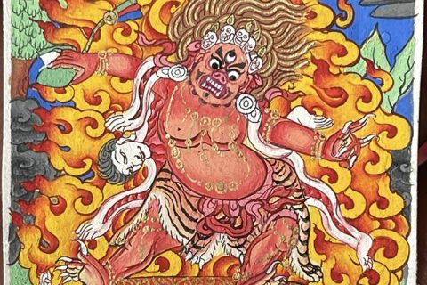 编号118-5075006：彩绘小唐卡-六臂玛哈嘎拉随从神之则那目扎（长方形·5*4CM左右）