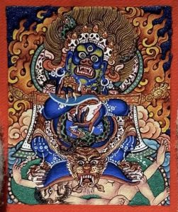 编号118-5210303：彩绘小唐卡-红棒玛哈嘎拉（长方形·5*4CM左右）