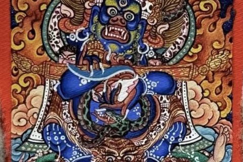 编号118-5210303：彩绘小唐卡-红棒玛哈嘎拉（长方形·5*4CM左右）