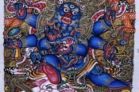 编号118-7241591：彩绘小唐卡-六臂玛哈嘎拉（长方形·5*4CM左右）