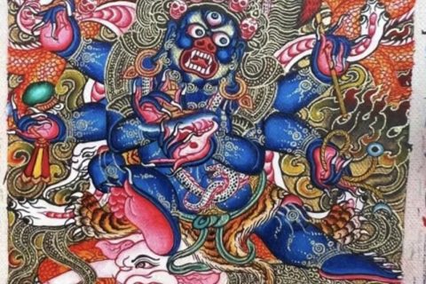 编号118-7874126：彩绘小唐卡-六臂玛哈嘎拉（长方形·5*4CM左右）