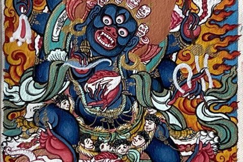 编号118-9960900：彩绘小唐卡-六臂玛哈嘎拉（长方形·5*4CM左右）