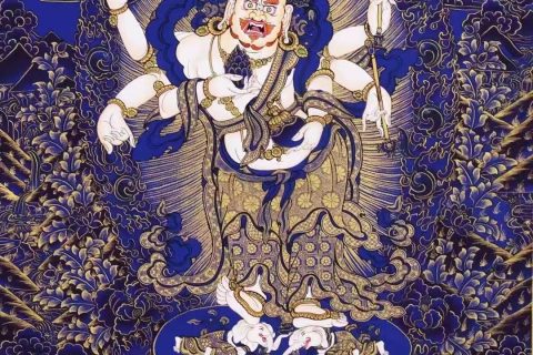 编号138-170921：蓝金唐卡-白六臂玛哈嘎拉·五方财神（76*50CM左右）