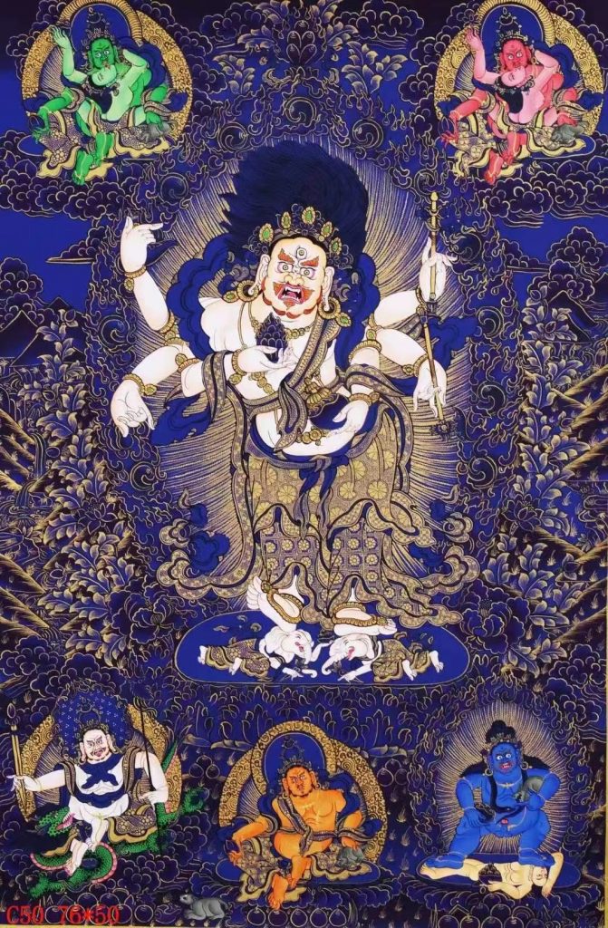 编号138-170921：蓝金唐卡-白六臂玛哈嘎拉·五方财神（76*50CM左右）
