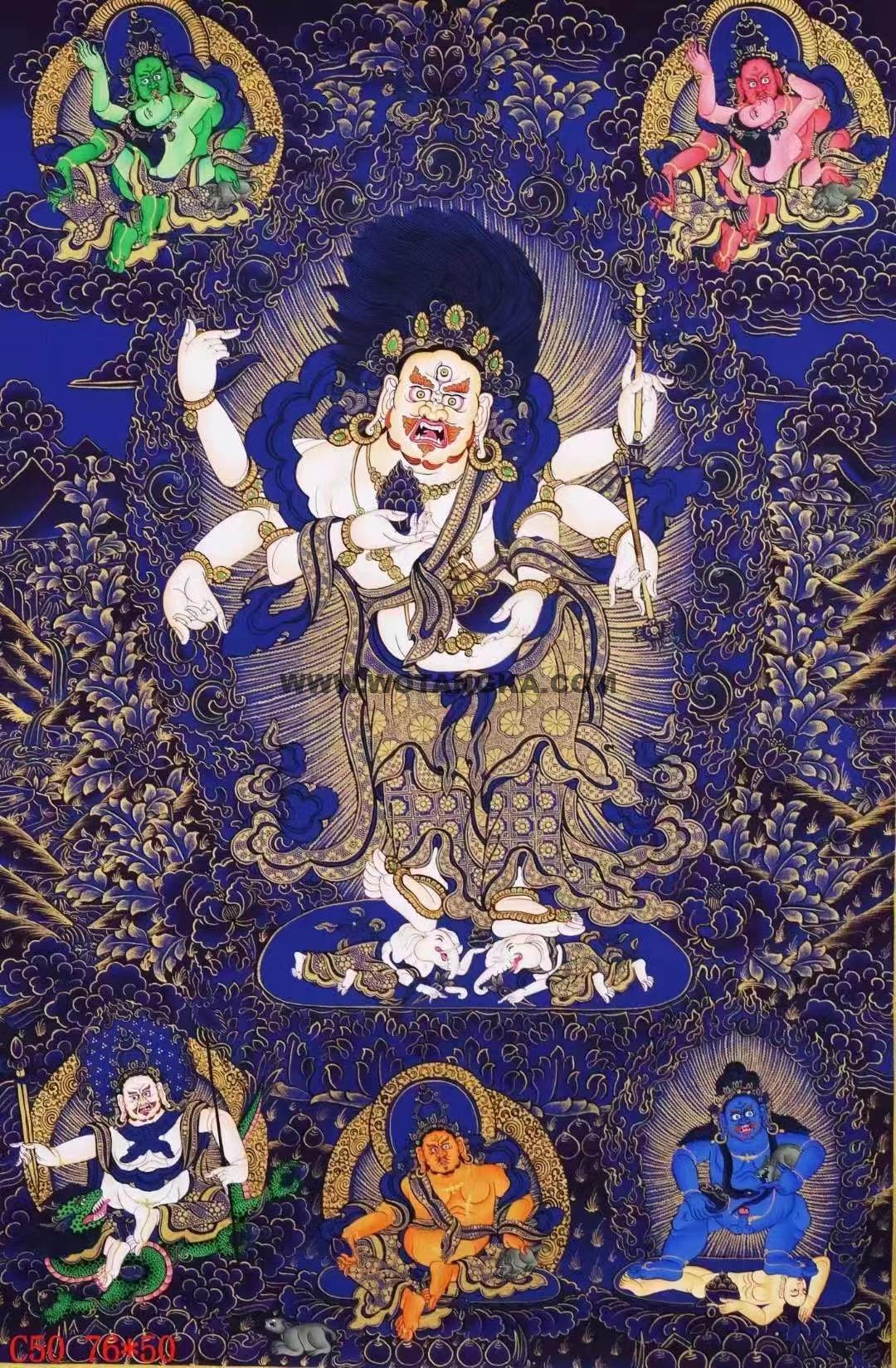 编号138-170921:蓝金唐卡-白六臂玛哈嘎拉·五方财神(76*50CM左右)
