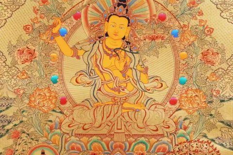 编号138-756718：黄金唐卡-文殊菩萨·三怙主（79*60CM左右）