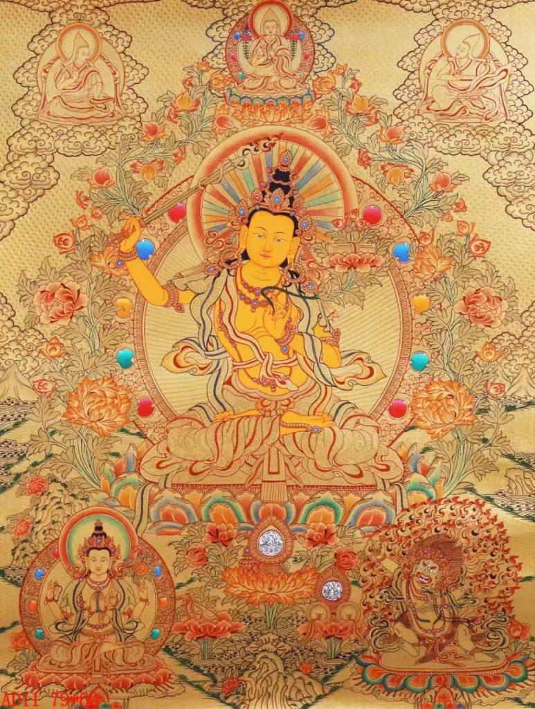 编号138-756718：黄金唐卡-文殊菩萨·三怙主（79*60CM左右）