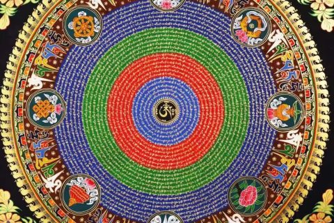 编号138-996065：彩绘唐卡-六字真言坛城（100*100CM左右）