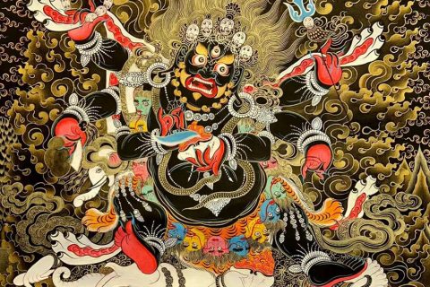 编号188-272189：黑金唐卡-六臂玛哈嘎拉（60*45CM左右）