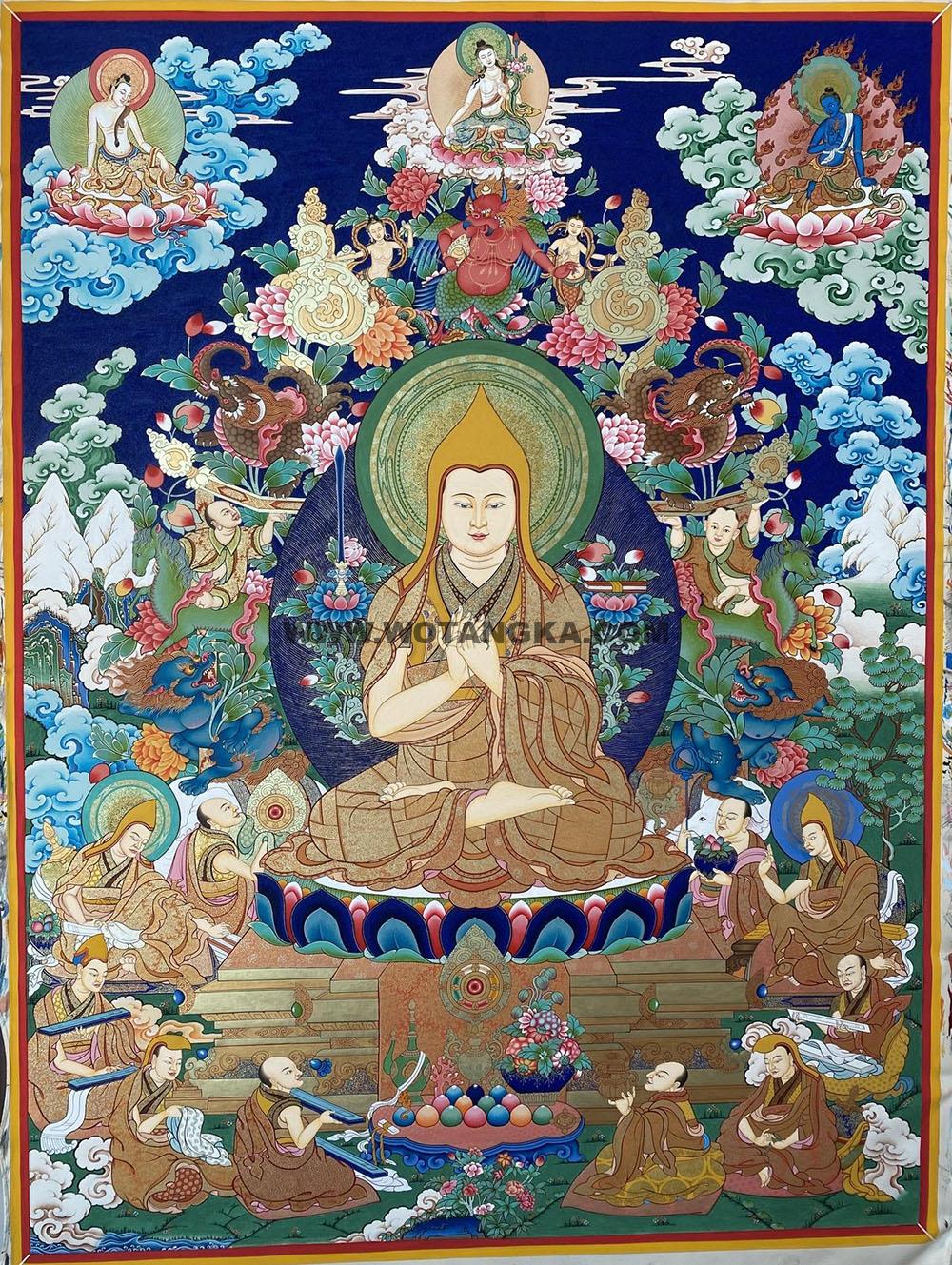 |已结缘·可定制|唐卡寄卖编号:JM·188-325450-宗喀巴大师天界三怙主化现智慧说法吉祥供养图(彩唐)