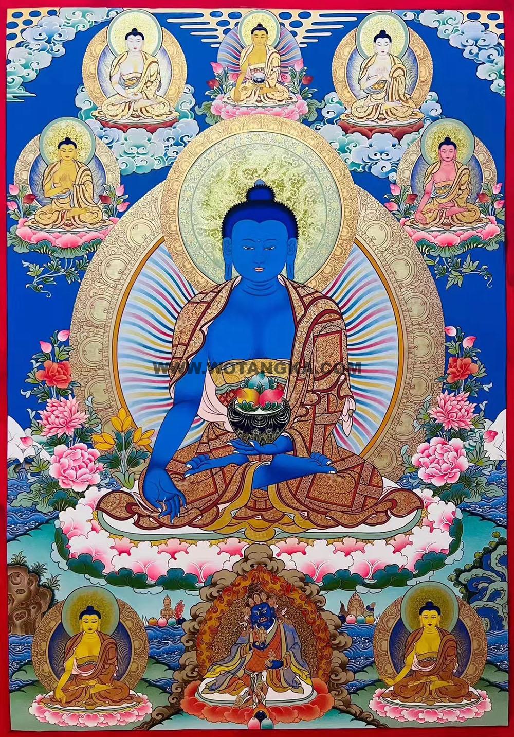 |已结缘·可定制|唐卡寄卖编号:JM·188-325517-药师佛虹光法相八佛尚龙护法健康平安供养图(彩唐)