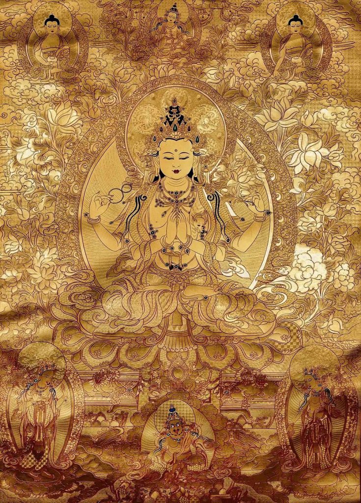 ｜已结缘·可定制｜唐卡寄卖编号：JM·188-428862-四臂观音三怙主天界三佛财富吉祥供养图（金唐）