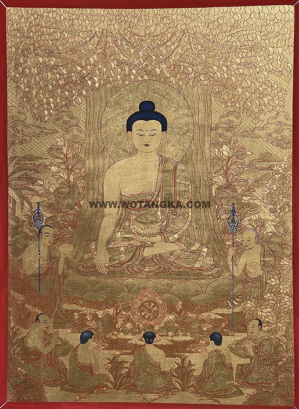 |已结缘·可定制|唐卡寄卖编号:JM·188-553210-释迦牟尼佛菩提树野鹿苑五比丘吉祥听法图(金唐)