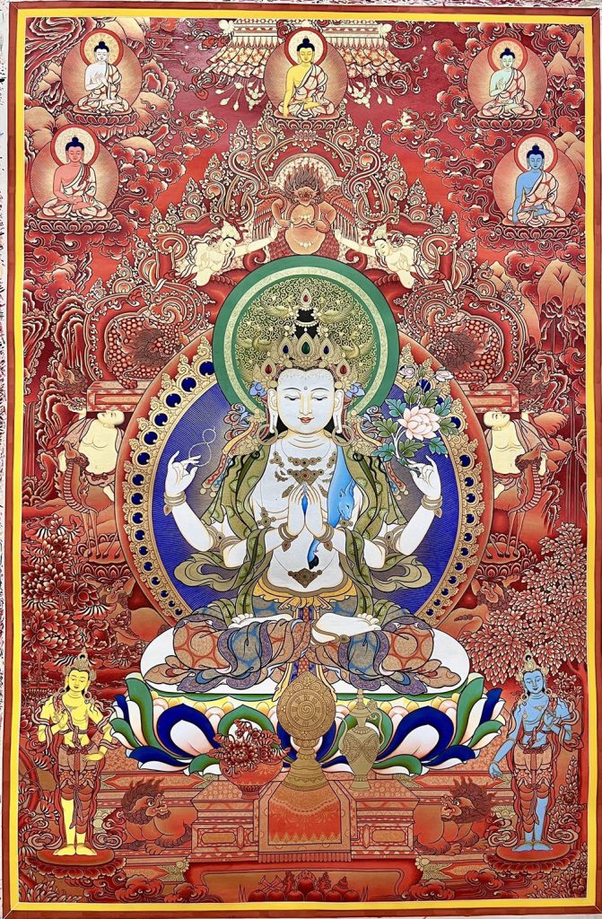 ｜已结缘·可定制｜唐卡寄卖编号：JM·188-594496-四臂观音雪域三怙主天界三五佛鸿运净土平安供养图（红唐）