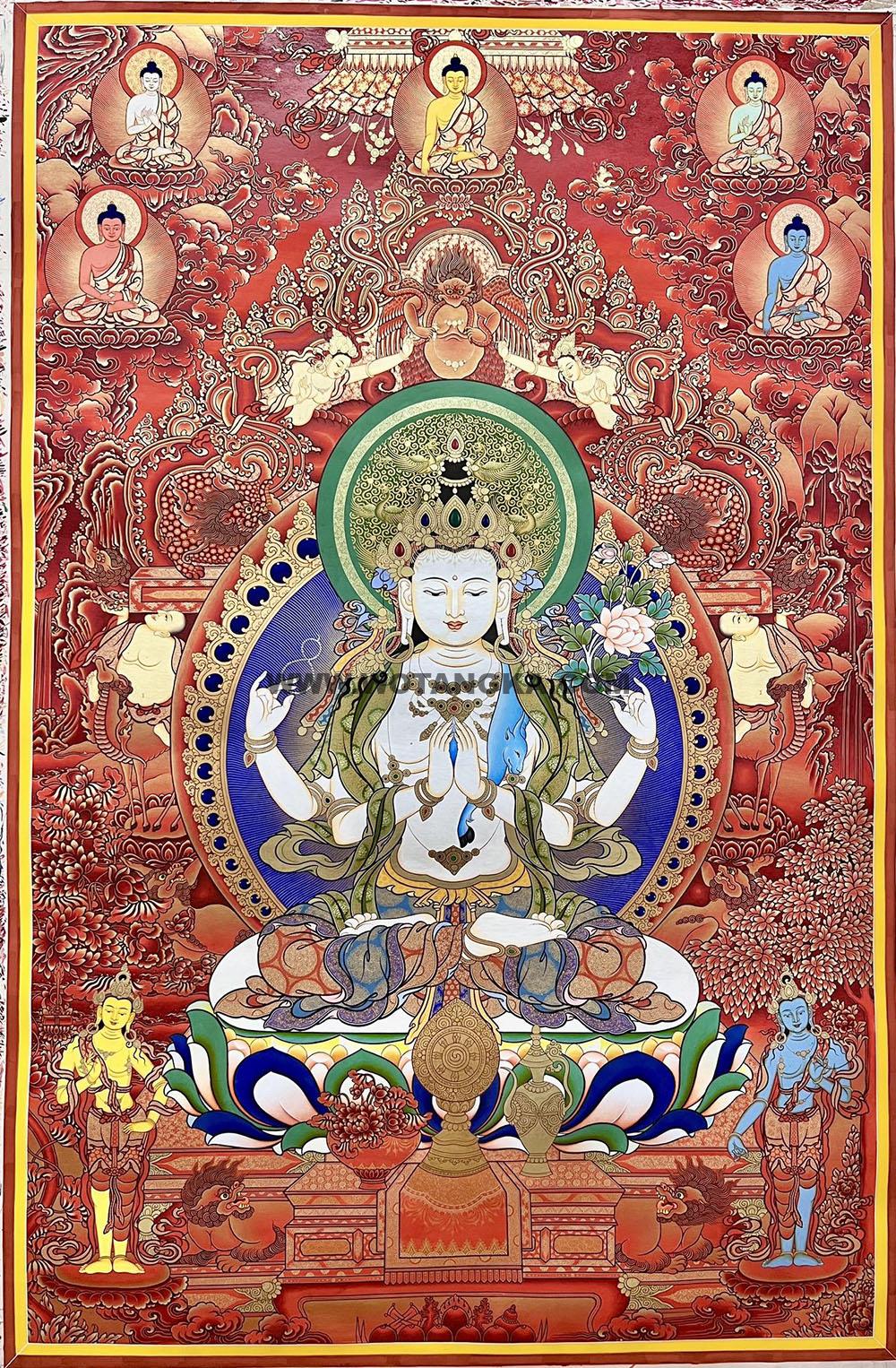 热贡-尖木措·画院:红金唐卡-四臂观音·三怙主(100*70CM左右)