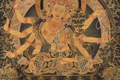 编号188-609591：黑金唐卡-三面八臂文殊菩萨（60*45CM左右）