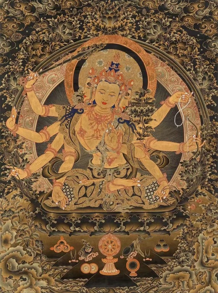 编号188-609591：黑金唐卡-三面八臂文殊菩萨（60*45CM左右）