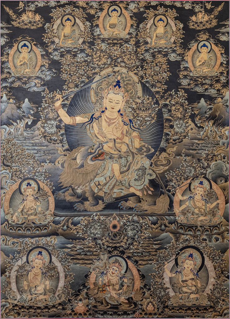 编号188-664052：黑金唐卡-文殊菩萨·五部文殊（100*70CM左右）