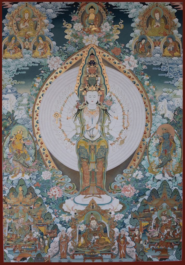 ｜已结缘·可定制｜唐卡寄卖编号：JM·188-690143-千手观音君王三尊天界诸佛吉祥供养图（彩唐）