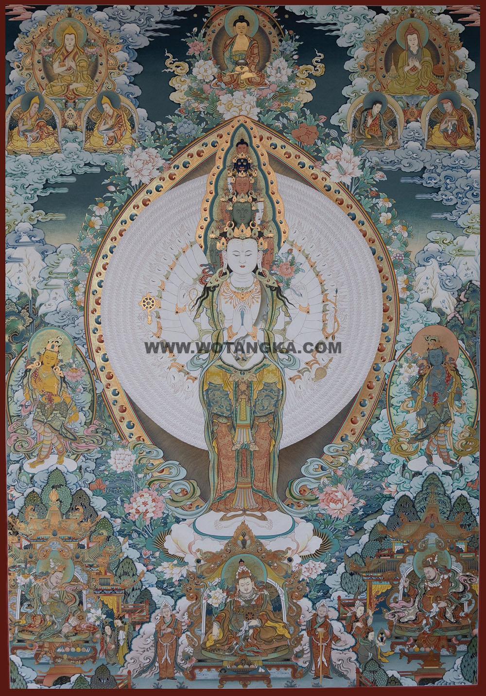 |已结缘·可定制|唐卡寄卖编号:JM·188-690143-千手观音君王三尊天界诸佛吉祥供养图(彩唐)