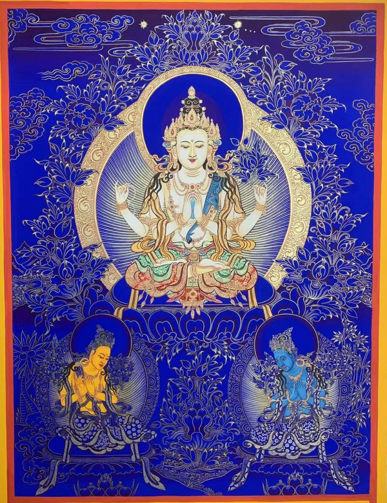 ｜已结缘·可定制｜唐卡寄卖编号：JM·188-697465-四臂观音三怙主二菩萨蓝净土平安供养图（蓝唐）