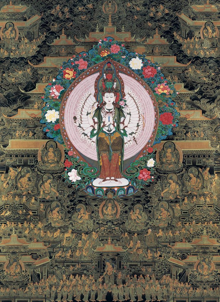 ｜已结缘·可定制｜唐卡寄卖编号：JM·188-723159-千手观音普陀净土诸菩萨平安供养图（黑唐）