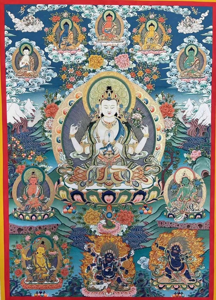 ｜已结缘·可定制｜唐卡寄卖编号：JM·188-845902-四臂观音雪域三怙主天界五佛智慧事业平安供养图（彩唐）