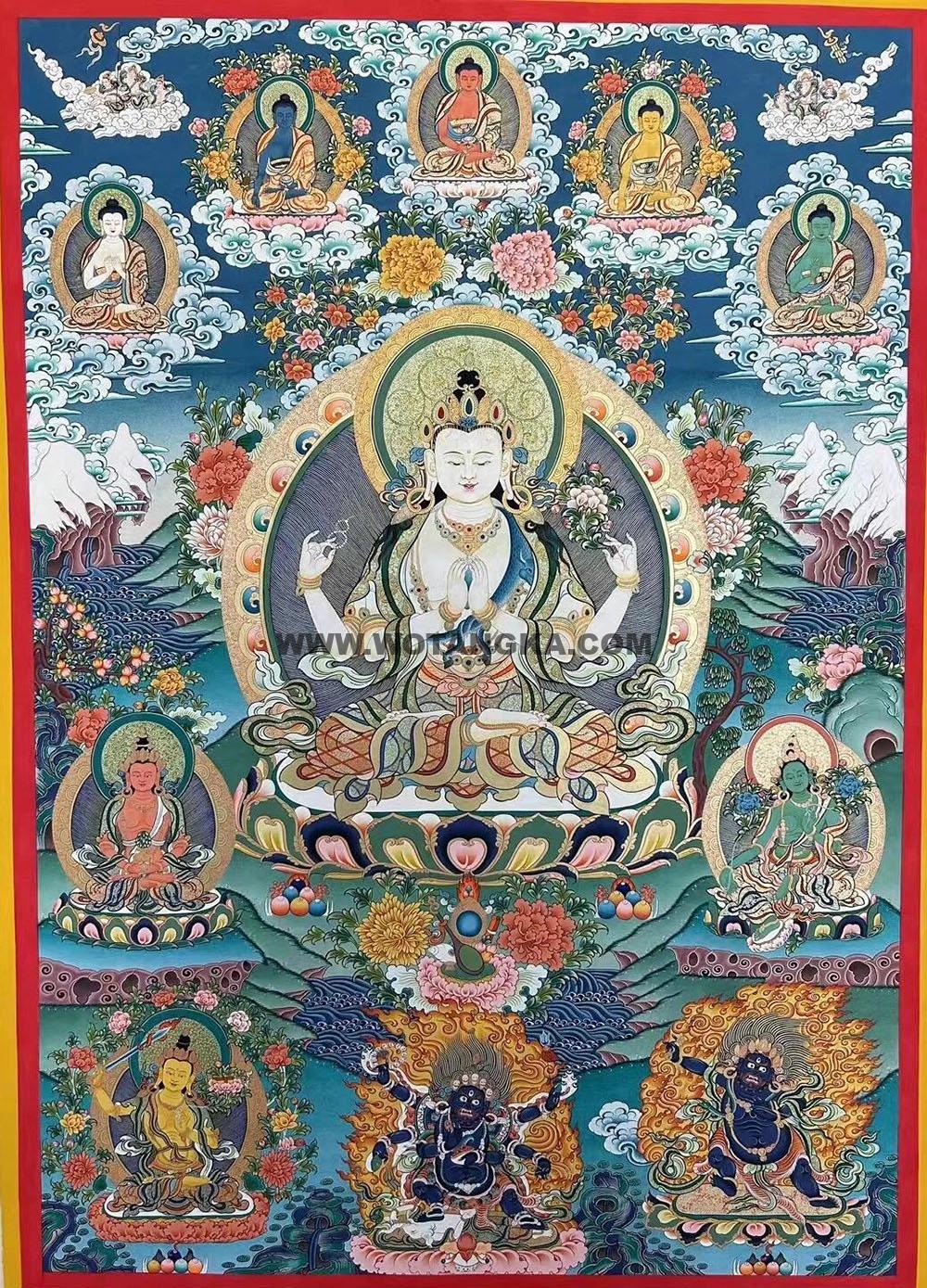 热贡-巴桑·画院:彩绘唐卡-四臂观音·三怙主(100*70CM左右)