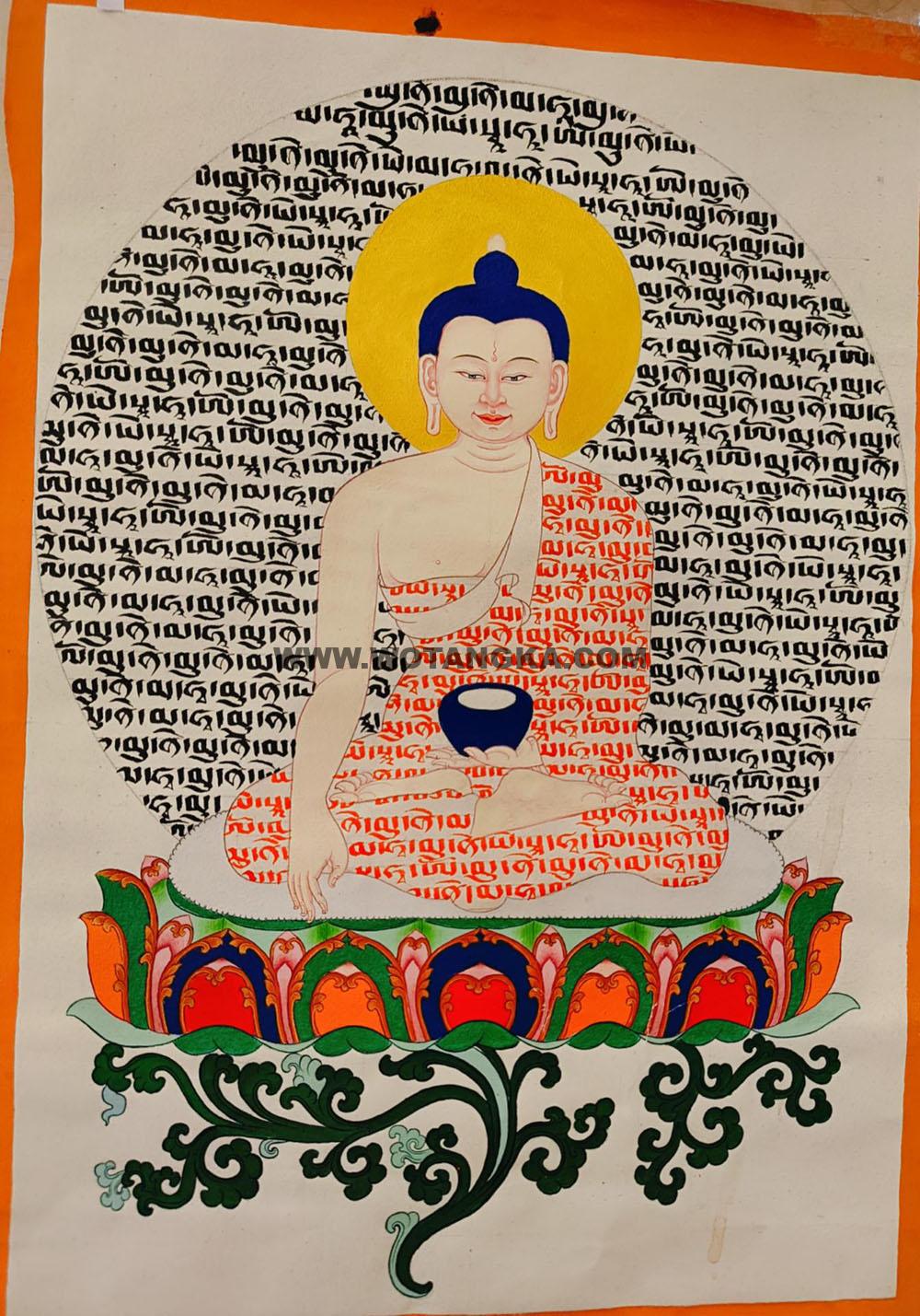 |已结缘·可定制|唐卡寄卖编号:JM·188-905899-释迦牟尼佛莲花宝座触地印佛经文法相供养图(彩唐)