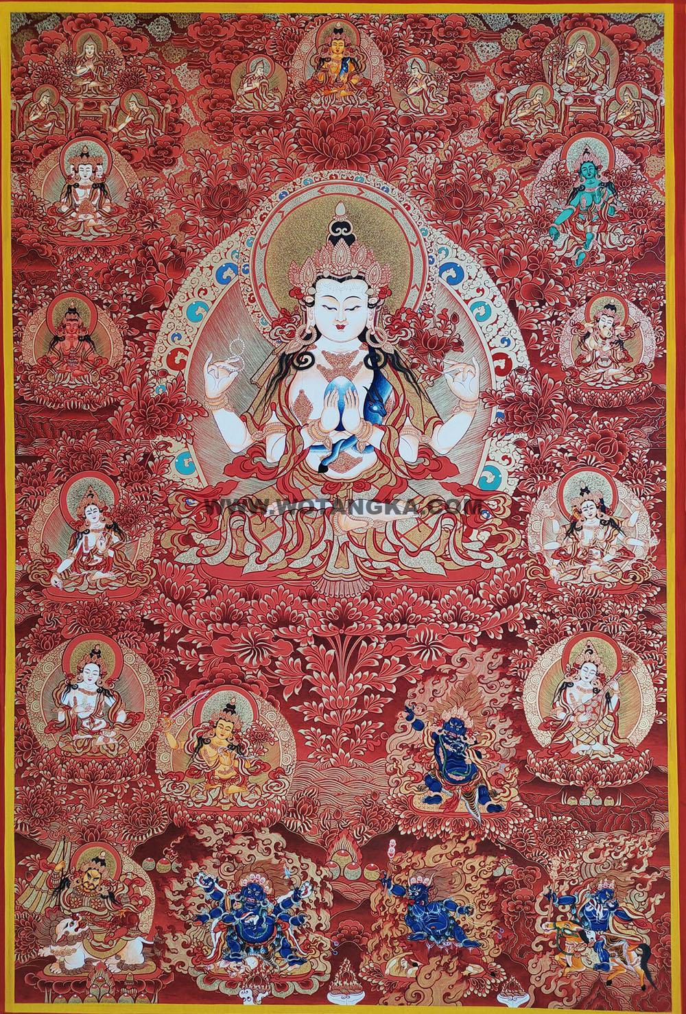 编号188-959478:红金唐卡-四臂观音·三怙主(100*70CM左右)