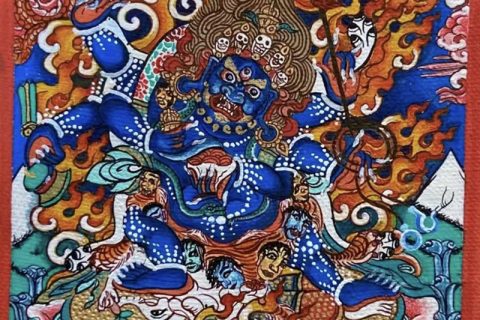 编号118-3601449：彩绘小唐卡-六臂玛哈嘎拉（长方形·5*4CM左右）