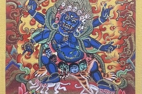 编号118-5014326：彩绘小唐卡-三面六臂金刚手菩萨（长方形·5*4CM左右）