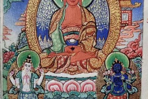 编号118-5178310：彩绘小唐卡-阿弥陀佛·西方三圣（长方形·5*4CM左右）