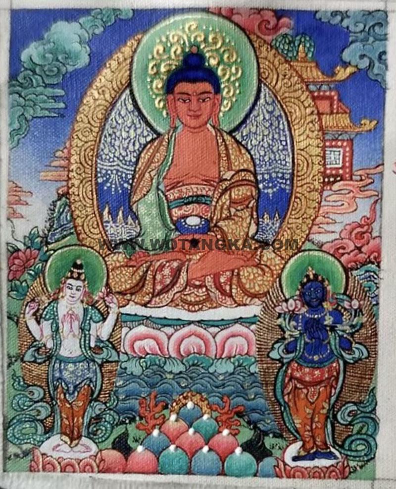 编号118-5178310：彩绘小唐卡-阿弥陀佛·西方三圣（长方形·5*4CM左右）