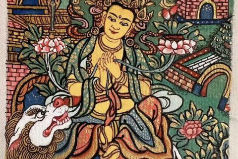 编号118-5185742：彩绘小唐卡-骑狮文殊菩萨（长方形·5*4CM左右）