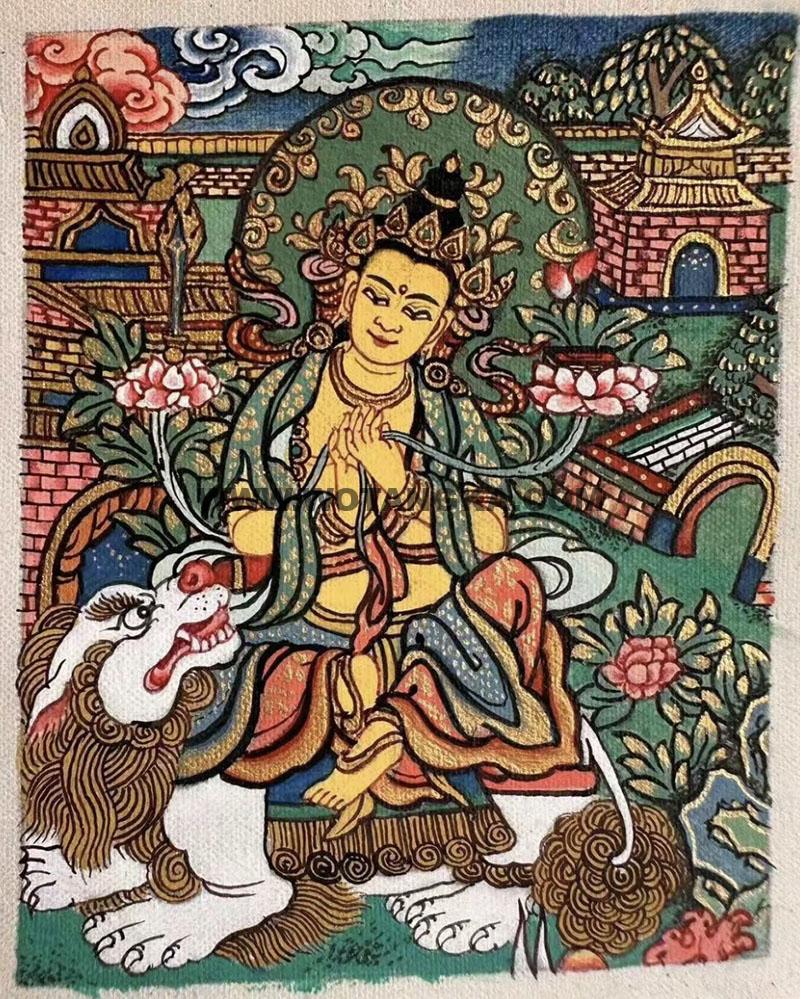 编号118-5185742：彩绘小唐卡-骑狮文殊菩萨（长方形·5*4CM左右）