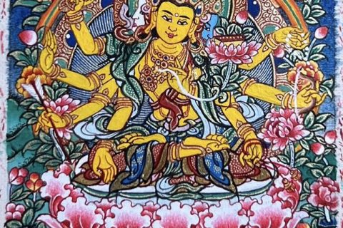 编号118-7716107：彩绘小唐卡-三面八臂文殊菩萨（长方形·5*4CM左右）