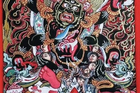 编号118-9882701：彩绘小唐卡-六臂玛哈嘎拉（长方形·5*4CM左右）