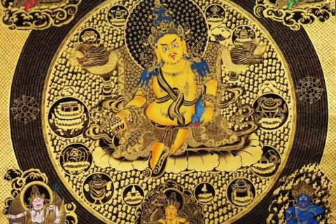 编号138-122464：黑金唐卡-黄财神·五方财神坛城（100*100CM左右）