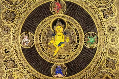 编号138-337296：黑金唐卡-黄财神·五方财神坛城（70*70CM左右）