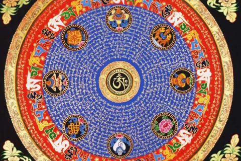 编号138-348442：彩绘唐卡-六字真言坛城（70*70CM左右）