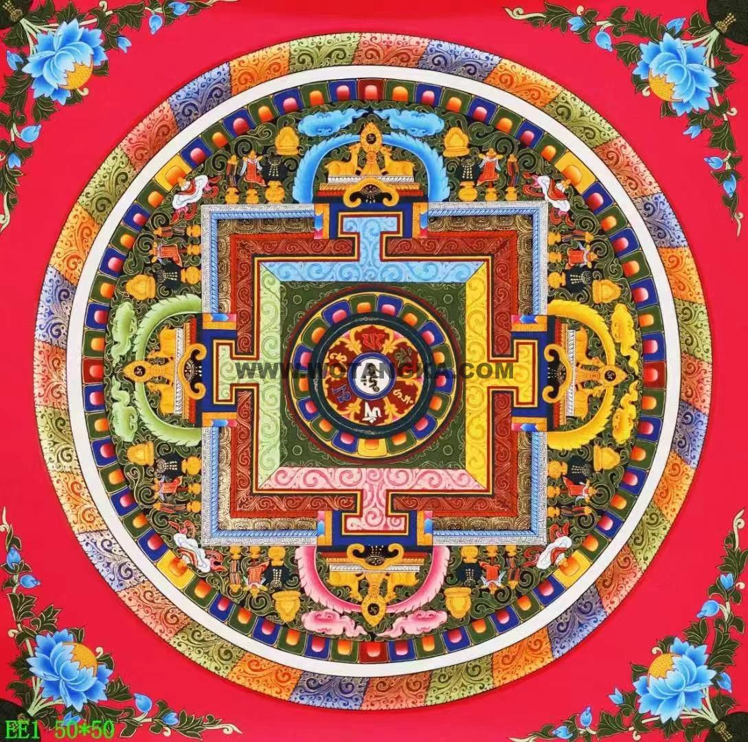编号138-419800：彩绘唐卡-六字真言心咒坛城（50*50CM左右）