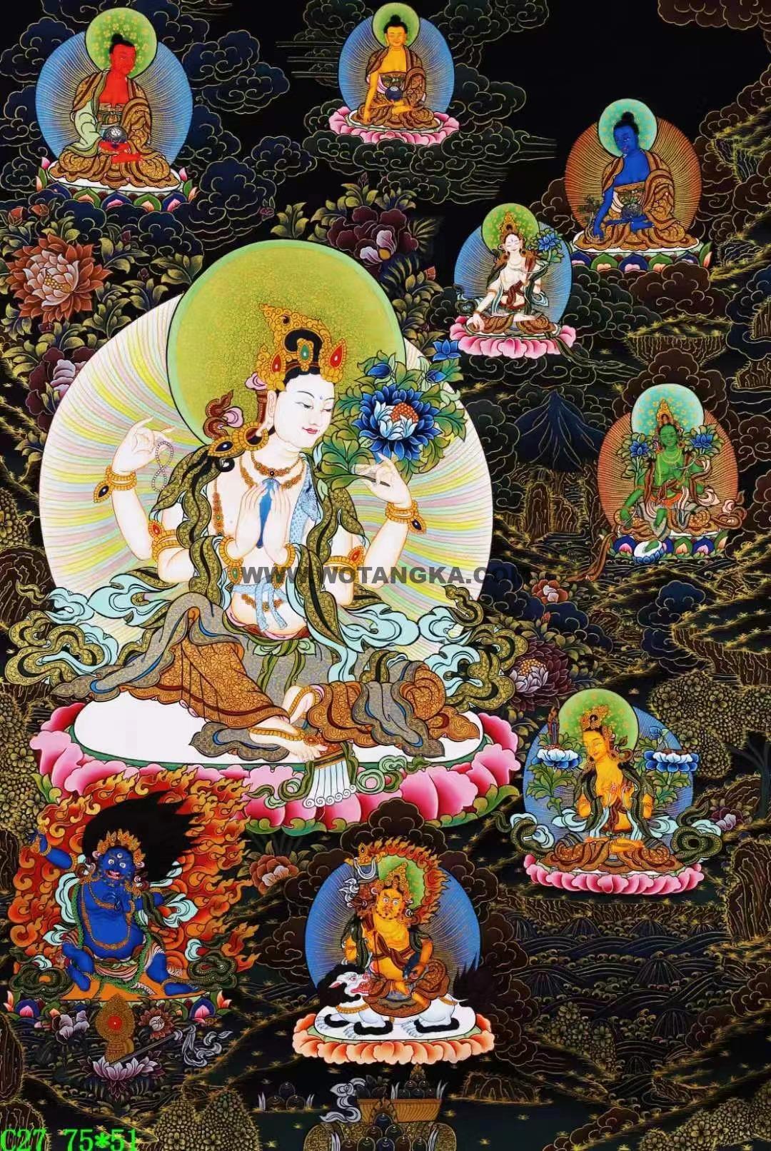 编号138-443097：彩绘唐卡-四臂观音·三怙主（75*51CM左右）
