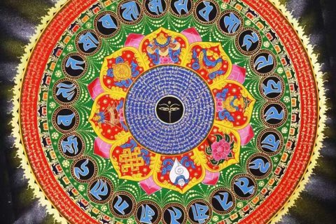 编号138-502504：彩绘唐卡-六字真言坛城（100*100CM左右）