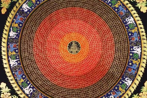 编号138-534453：彩绘唐卡-六字真言坛城（100*100CM左右）